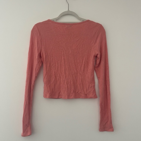 Love Fire Coral Pink O Ring Long Sleeve Ribbed Knit Top - Picture 2 of 5